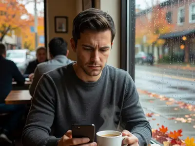 A man in his thirties at a café table frowning slightly at his phone while holding a coffee.