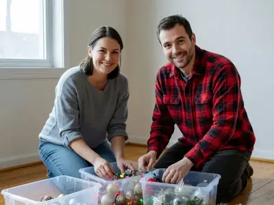 A couple unpacking last year's holiday decorations from clear plastic storage bins on the living room floor.