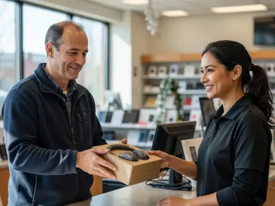 A man at an electronics store returns desk sliding an opened box with headphones back to a clerk.