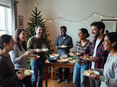 Friends at a casual holiday potluck party in a small living room, chatting and laughing with plates of food.