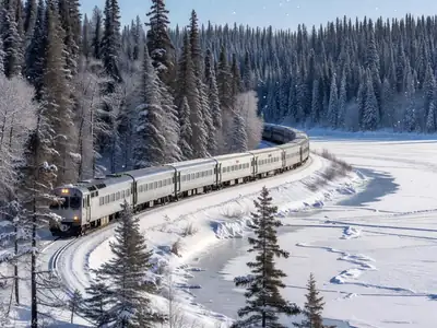 A passenger train travelling through a snowy landscape of evergreens and frozen lakes.