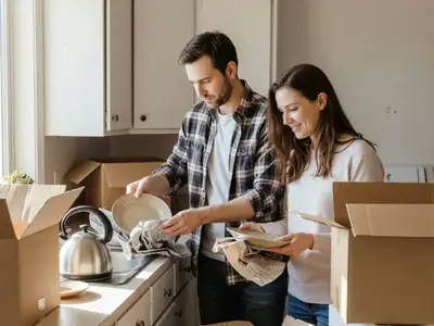 A couple in their early thirties unpacking dishes in the kitchen of their first home.