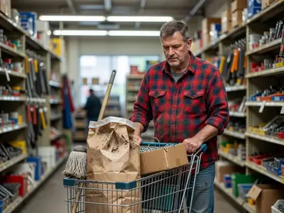A man pushing a cart with a bag of potting soil, a mop and a box of screws through a hardware store aisle.