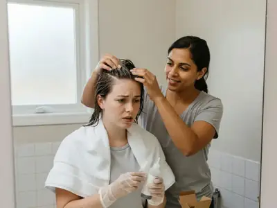 A woman applying box hair dye at her bathroom mirror with gloves on, her friend helping.