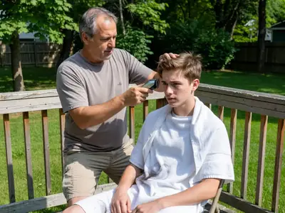 A father cutting his teenage son's hair with clippers on the back deck.
