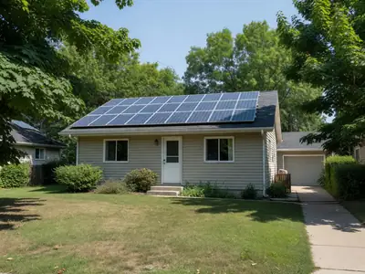 A modest suburban house with solar panels covering one side of the roof.