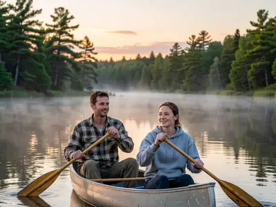 A honeymoon couple paddling a canoe on a calm lake at sunrise.