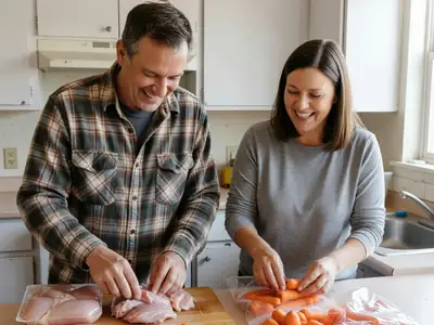 Two neighbours splitting a bulk pack of chicken and a big bag of carrots on a kitchen counter into two piles.