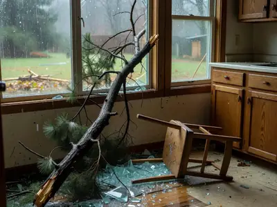 A kitchen with a fallen tree branch through a broken window and glass on the floor.