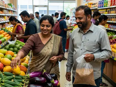 A family shopping in a bustling international grocery store, the mother picking mangoes while the father holds a bag of lentils.