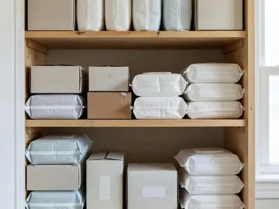 A neatly organised bathroom cupboard with plain packages of adult incontinence products and wipes.