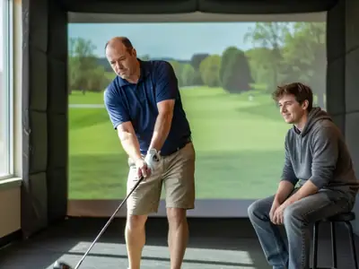 A man mid-swing hitting a golf ball into a large indoor simulator screen showing a blurry green fairway.