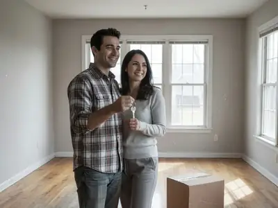 A couple standing in the empty living room of their new house holding the keys, smiling.