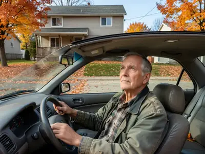 An older man sitting in his car in his driveway, looking thoughtful with both hands on the wheel.