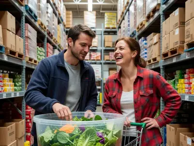 A couple in their thirties standing by a warehouse store cart debating over a giant tub of mixed greens, the woman laughing.