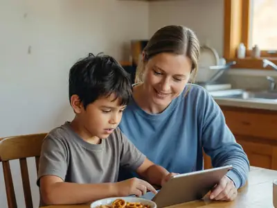 A mother sitting beside her young son as he plays on a tablet at the kitchen table.