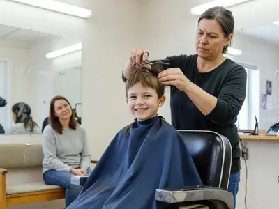 A smiling boy of about six sitting on a booster cushion in a regular barber chair with a cape around his neck while a hairdresser trims his hair with scissors.