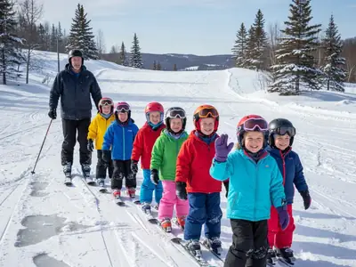 A ski instructor leading a line of young children on small skis down a gentle beginner slope.