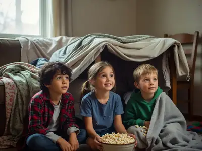 Three children sitting cross-legged on the floor watching a movie together with popcorn.
