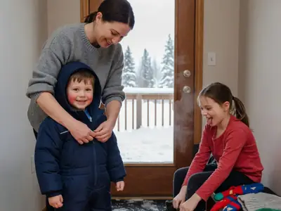 A mother zipping up her young son's snowsuit at the front door while his older sister pulls on hand-me-down snow boots.