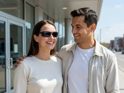 A woman in her thirties smiling after laser eye surgery, wearing protective sunglasses, with her partner.