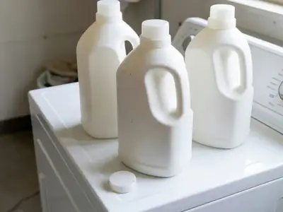 Three plain unlabeled detergent jugs and a measuring cap on top of a washing machine.