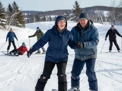 An adult beginner snowboarder in her thirties wobbling and laughing as an instructor holds her hands on a gentle slope.