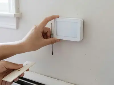 A hand installing a plain white smart thermostat on the wall above a baseboard heater.