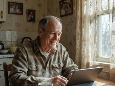 An older man video calling his grandchildren on a tablet at his kitchen table, smiling.