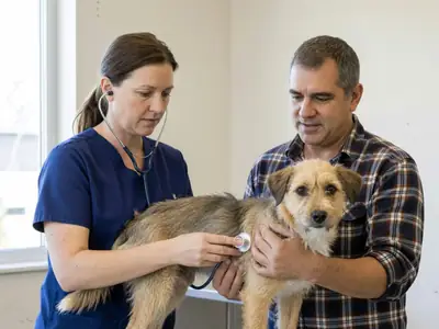 A veterinarian examining a mixed-breed dog on an exam table while its owner gently holds the dog.
