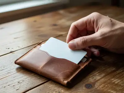 Close-up of a hand sliding a plain blank credit card back into a slim leather wallet that holds just one other card.