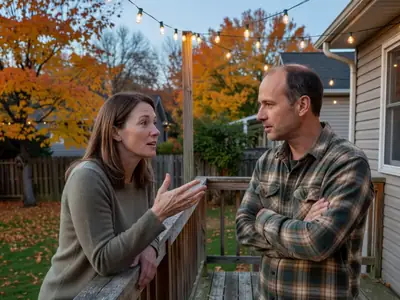 A couple in their forties on a back deck at dusk, the woman leaning on the railing and talking, the man listening.