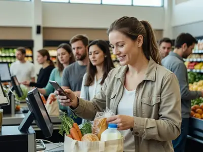 A woman at a self-checkout bagging groceries and tapping her phone to the scanner.