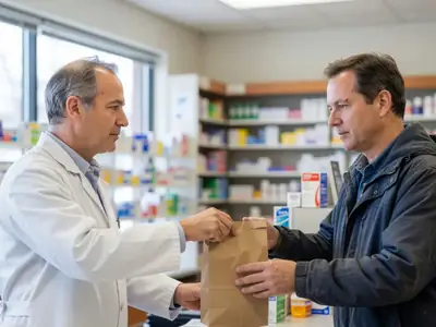 A pharmacist handing a paper prescription bag to a middle-aged man across the counter.
