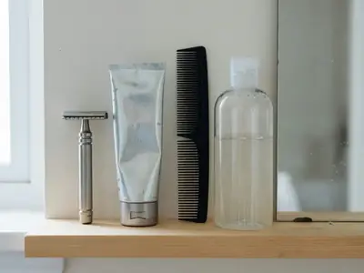 A short row of men's grooming basics on a shelf, a razor, shaving cream, a comb and a bottle of lotion.