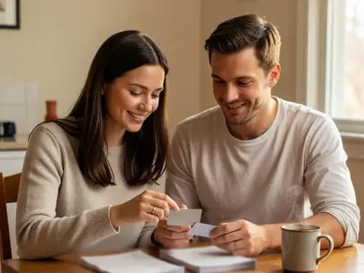 A young married couple sitting side by side at a kitchen table sorting two small stacks of household bills and two debit cards into one pile, the woman sliding a card toward her husband, both smiling.