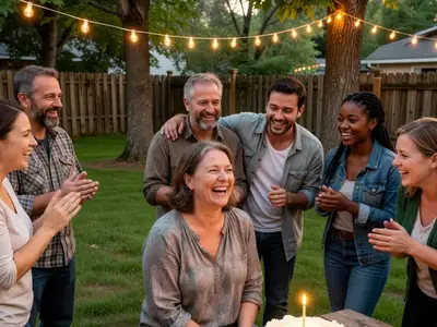 Friends celebrating a woman's 50th birthday in a backyard with a homemade cake.