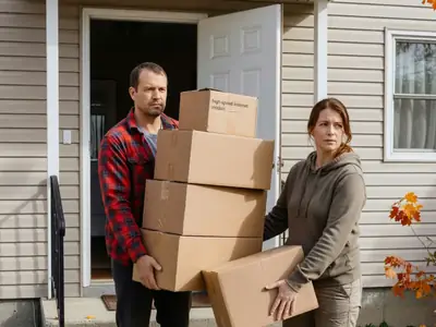 A couple carrying moving boxes into a new house, a modem box on top of the pile.