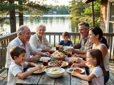 Grandparents, parents and kids sharing a meal at a long table on a cottage deck.
