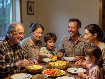 Three generations sharing dinner at a big kitchen table, grandparents, parents and two children.