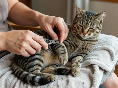 Hands trimming a cat's nail with small clippers while the cat sits on a lap.