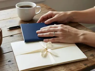 Close-up of a woman's hands with a new wedding ring holding a closed plain dark blue booklet and a closed cream folder tied with ribbon on a wooden table.
