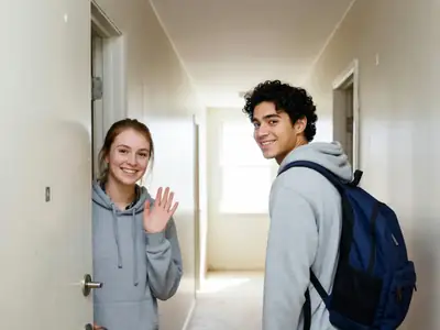 Two university friends in separate apartments, one waving goodbye at the door as the other leaves with a backpack.