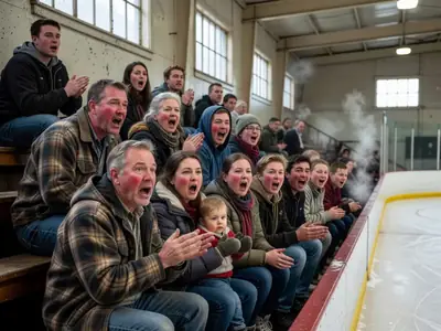 Fans cheering at a junior hockey game in a small-town arena.