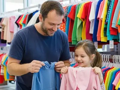 A father and daughter holding up small hoodies in a kids' clothing store.