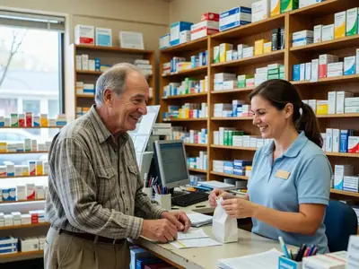 A senior man picking up his prescription at a pharmacy counter, smiling at the pharmacist.