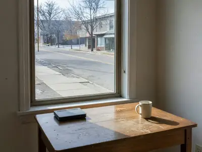 A home office in a small Ontario town house with a desk by a window overlooking a main street.