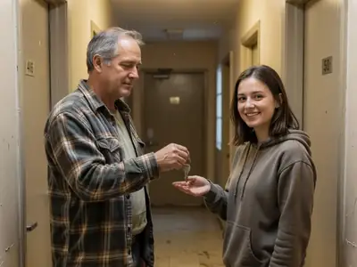 A tenant handing over apartment keys to a smiling young woman in a building hallway.