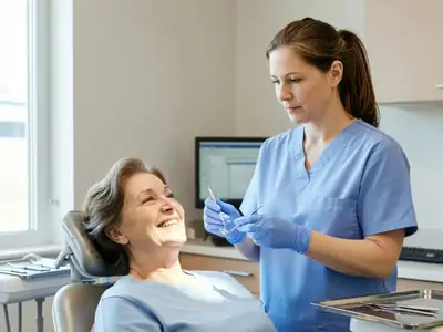 A smiling woman in her seventies at a dental check-up, the hygienist beside her.
