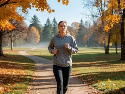 A woman jogging in a park with earbuds in.